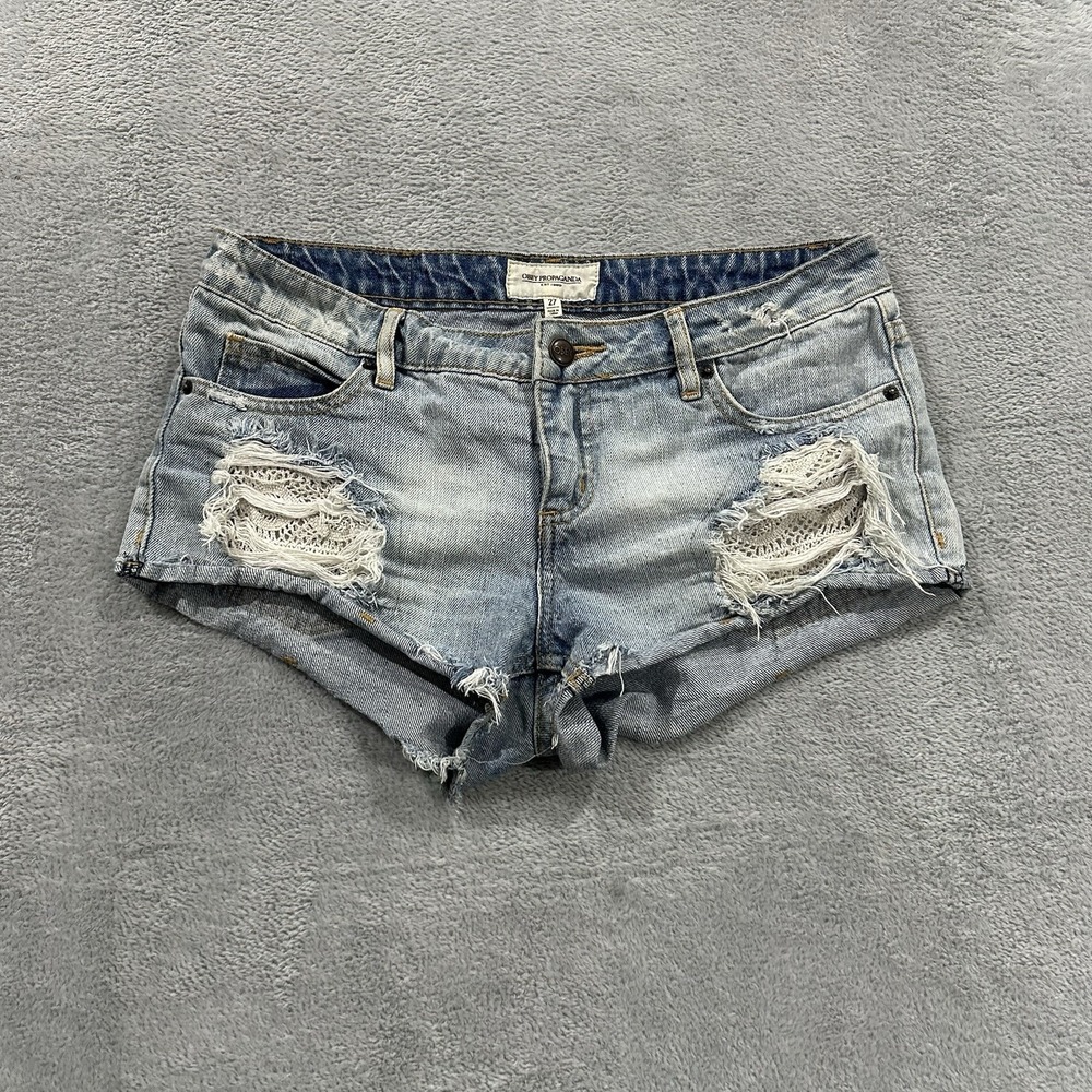Obey Propaganda Mini Denim Shorts Women 27 Shortie Jorts Blue Festival Y2K Boho